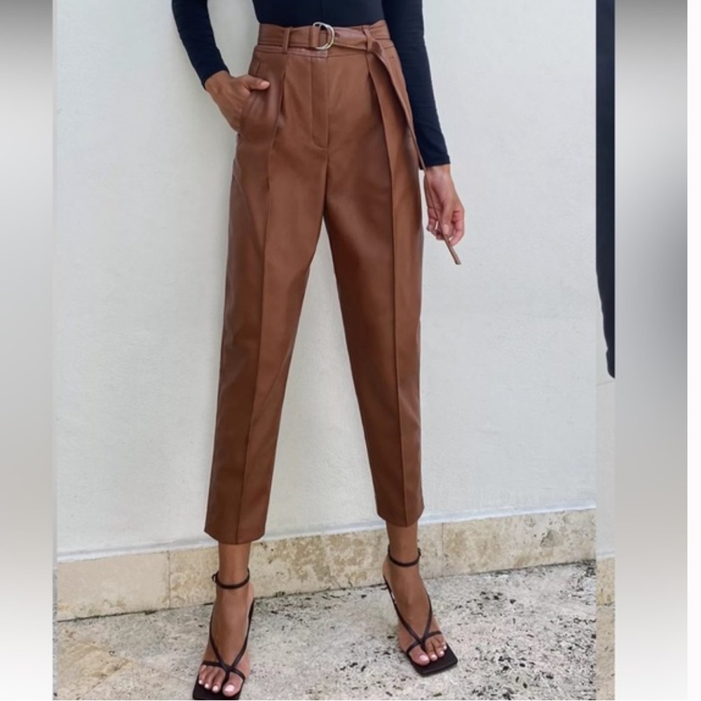 NEW Aritzia Babaton Leather Belted Pants Size 4 in Cognac Vegan Leather Trousers